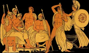 Scène de la mythologie grecque : des hommes barbus assis, un guerrier armé et Athéna avec son bouclier.