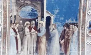 Fresque représentant une cérémonie de mariage, symbolisant l'indissolubilité du mariage. Des figures en robes traditionnelles se tiennent ensemble.