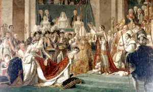 Le sacre de Napoléon 1er. Joséphine, agenouillée, reçoit la couronne. Une scène grandiose de l'Empire français.