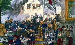 Scène de guerre avec des blessés soignés par des religieuses sous le regard d'un drapeau à la croix rouge, évoquant la croix rouge origine.