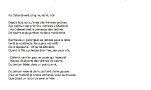 Texte de Rimbaud, « Au Cabaret-Vert », décrivant une scène dans un cabaret où le narrateur commande des tartines de beurre et de jambon.