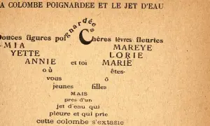 La colombe poignardée et le jet d'eau : des noms de jeunes filles entourent un jet d'eau qui pleure et prie, une colombe en extase.