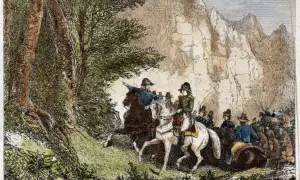 Napoléon, en uniforme, traverse un paysage rocheux de la Corse, entouré de ses troupes.