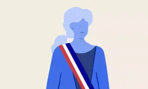 Illustration d'une femme portant l'écharpe tricolore, symbole du mandat d'un maire. La durée de son engagement est représentée par son profil stylisé.
