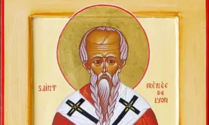 Icône de saint Irénée de Lyon, patron des théologiens, le représentant avec une barbe blanche et des croix sur sa robe.
