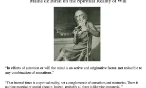 Portrait gravé de Maine de Biran, philosophe, tenant un livre, méditant sur la volonté.