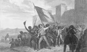 Une foule en liesse, brandissant un drapeau, semble célébrer le chant du départ. Des soldats se préparent à l'action, face à une forteresse imposante.