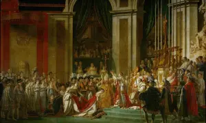 Le couronnement de Napoléon Ier, le 5 mai 1804, dans la cathédrale Notre-Dame de Paris. Une scène grandiose avec l'empereur et l'impératrice entourés de dignitaires.