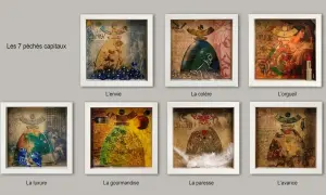 Sept boîtes encadrées illustrent les 7 péchés capitaux : envie, colère, orgueil, luxure, gourmandise, paresse, avarice. Chaque symbole est représenté de manière créative.