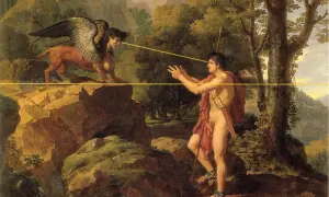 Bonaparte, tel un héros antique, fait face au Sphinx, créature mythique aux ailes déployées. Le regard intense des deux êtres se croise.