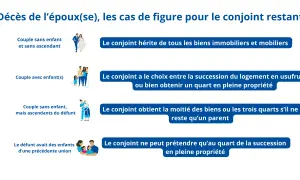 Schéma illustrant les droits du conjoint survivant selon la nouvelle loi succession conjoint survivant : héritage total sans enfant/ascendant, choix entre usufruit ou 1/4 avec enfant, 1/2 ou 3/4 avec ascendant, 1/4 avec enfants d'une précédente union.