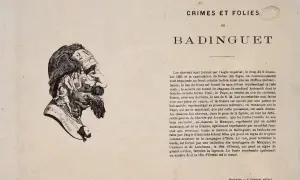Caricature de Napoléon III : un buste complexe où se mêlent symboles politiques et figures historiques, évoquant le Mexique et la France.