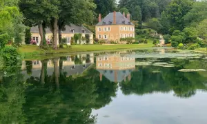 Le jardin du Plessis Sasnières, avec son étang paisible reflétant le château et ses arbres majestueux, offre une vue d'une beauté intemporelle.