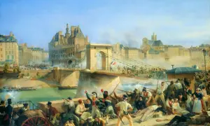 Scène de bataille animée sur un pont, avec des soldats en uniforme et des civils en lutte. Bonaparte au pont d'Arcole, au milieu du chaos et de la fumée.