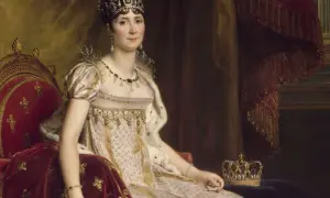 Portrait de Joséphine Bonaparte, impératrice, parée de bijoux, assise sur un trône, rappelant son union avec Napoléon.