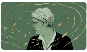 Portrait stylisé d'un homme aux cheveux clairs, évoquant la première soirée Rimbaud. Des volutes dorées et des feuilles flottent autour de lui.