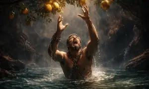L'homme enchaîné dans l'eau, tendant les mains vers les fruits dorés, incarne le supplice de Tantale.