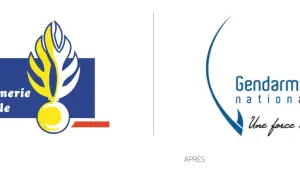 Le logo gendarmerie avant et après. L'ancien logo est plus traditionnel, le nouveau est plus moderne et épuré.