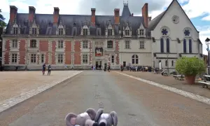 Deux souris en peluche posent devant la majestueuse place du château de Blois, avec son architecture Renaissance et gothique.