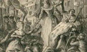 Une scène allégorique avec une femme voilée tenant un livre, rappelant l'esprit de Olympe de Gouges. Des torches et une foule animée entourent la scène.