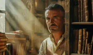 Un homme au regard intense, d'origine juive séfarade, se tient dans une bibliothèque ancienne, baigné par la lumière.