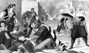 Scène de combat intense, un homme à terre, un autre le poignardant. Au loin, le feu et la fumée. L'émir Abdelkader, figure centrale, dirige ses troupes.