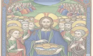 Jésus bénit le pain et les poissons, entouré de ses disciples. Une scène rappelant la multiplication des pains, peut-être liée à la date de saint Matthias.