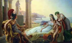 Didon, reine de Carthage, languit dans les bras de son amour, Énée, sous le regard de ses servantes. Le port de Carthage est visible en arrière-plan.