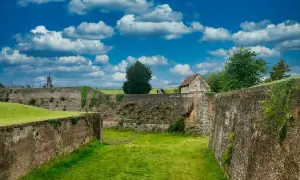 Murs de pierre et de brique du château de Montreuil, envahis par la végétation, sous un ciel bleu et nuageux.