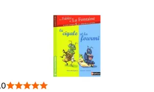 Couverture du livre "La cigale et la fourmi" de La Fontaine, illustrant la cigale chantant et la fourmi travaillant.