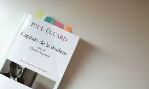 Un livre ouvert, "Capitale de la douleur" de Paul Éluard, marqué par des post-its colorés.