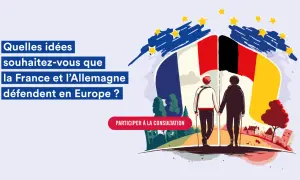Deux personnes se tiennent main dans la main devant les drapeaux français et allemand, symbolisant une nouvelle ère après la guerre Allemagne France.