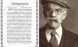 Partition de L'Internationale, musique de Degeyter, et portrait d'Eugène Pottier, poète de ce chant révolutionnaire.