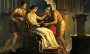 Thésée reçoit le fil d'Ariane mythologie, un objet précieux pour vaincre le Minotaure. Une servante observe la scène.