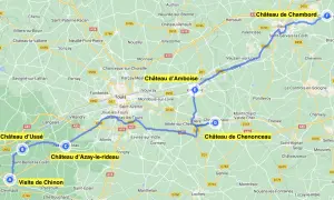 Carte du circuit châteaux de la Loire 5 jours : Chinon, Ussé, Azay-le-Rideau, Chenonceau, Amboise, Chambord.