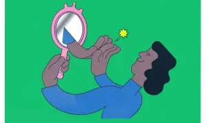 Une personne se regarde dans un miroir, découvrant une partie d'elle-même. C'est le début du "connais toi toi même".