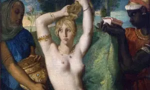 Le bain turc d'Ingres : une odalisque blonde se coiffe, entourée de servantes, l'une tenant un vase précieux, l'autre une boîte à bijoux.