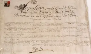 Document ancien avec sceau et signature, mentionnant Napoléon et la Confédération du Rhin.