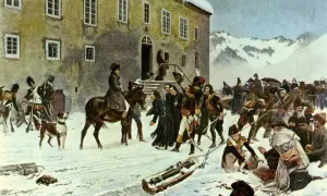 Napoléon Bonaparte jeune, à cheval, observe son armée traversant un col enneigé. Un chien accompagne la troupe.
