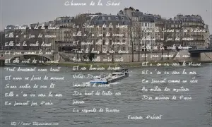 Analyse de "Chanson de la Seine" par Jacques Prévert, avec des vers manuscrits sur une vue de Paris et de la Seine.