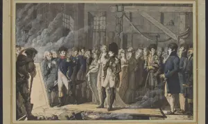 Napoléon, entouré de sa cour, examine un plan dans son cabinet de travail. L'ambiance est solennelle.