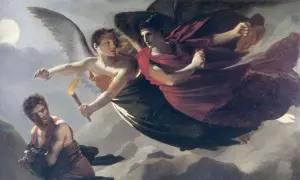 Deux figures ailées célestes, l'une tenant une torche, semblent descendre vers un homme en contrebas, symbolisant la justice de Dieu.