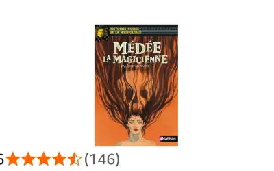 Couverture du livre "Médée, la magicienne" avec une illustration d'une femme aux longs cheveux sombres formant un crâne.