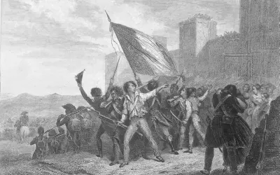 Une foule en liesse, brandissant un drapeau, semble célébrer le chant du départ. Des soldats se préparent à l'action, face à une forteresse imposante.
