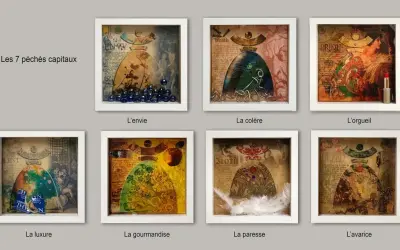 Sept boîtes encadrées illustrent les 7 péchés capitaux : envie, colère, orgueil, luxure, gourmandise, paresse, avarice. Chaque symbole est représenté de manière créative.
