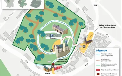 Plan du **Château de Montmirail** et de ses environs, incluant la mairie, l'église et les écuries. Le parcours est indiqué.