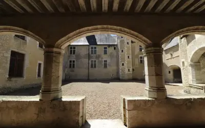 Vue d'une cour intérieure de château, avec des arches en pierre et un sol gravillonné. Une fougère sur bièvre, symbole discret de la nature, s'épanouit peut-être dans un coin caché.