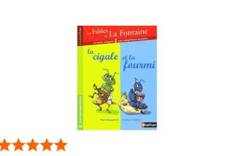 Couverture du livre "La cigale et la fourmi" de La Fontaine, illustrant la cigale chantant et la fourmi travaillant.