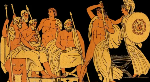 Scène de la mythologie grecque : des hommes barbus assis, un guerrier armé et Athéna avec son bouclier.