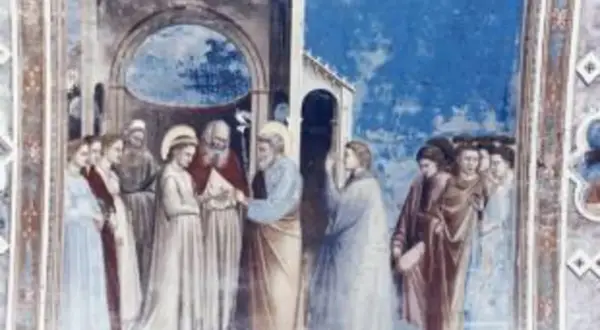 Fresque représentant une cérémonie de mariage, symbolisant l'indissolubilité du mariage. Des figures en robes traditionnelles se tiennent ensemble.
